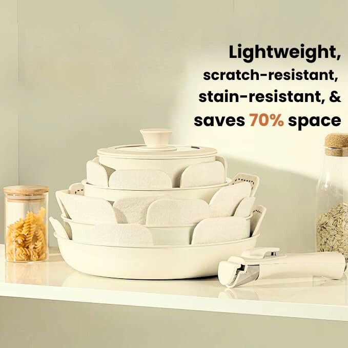 4-piece nonstick pan set for cooking and placing on the warmer, with a removable handle