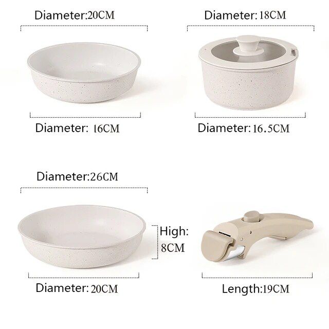 4-piece nonstick pan set for cooking and placing on the warmer, with a removable handle