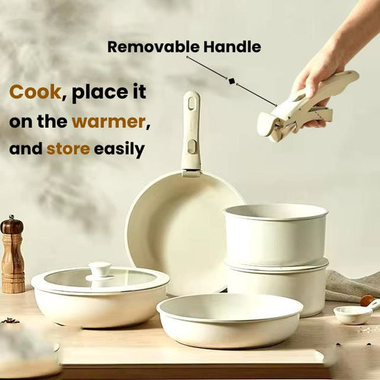 5-piece nonstick pan set for cooking and placing on the warmer, with a removable handle